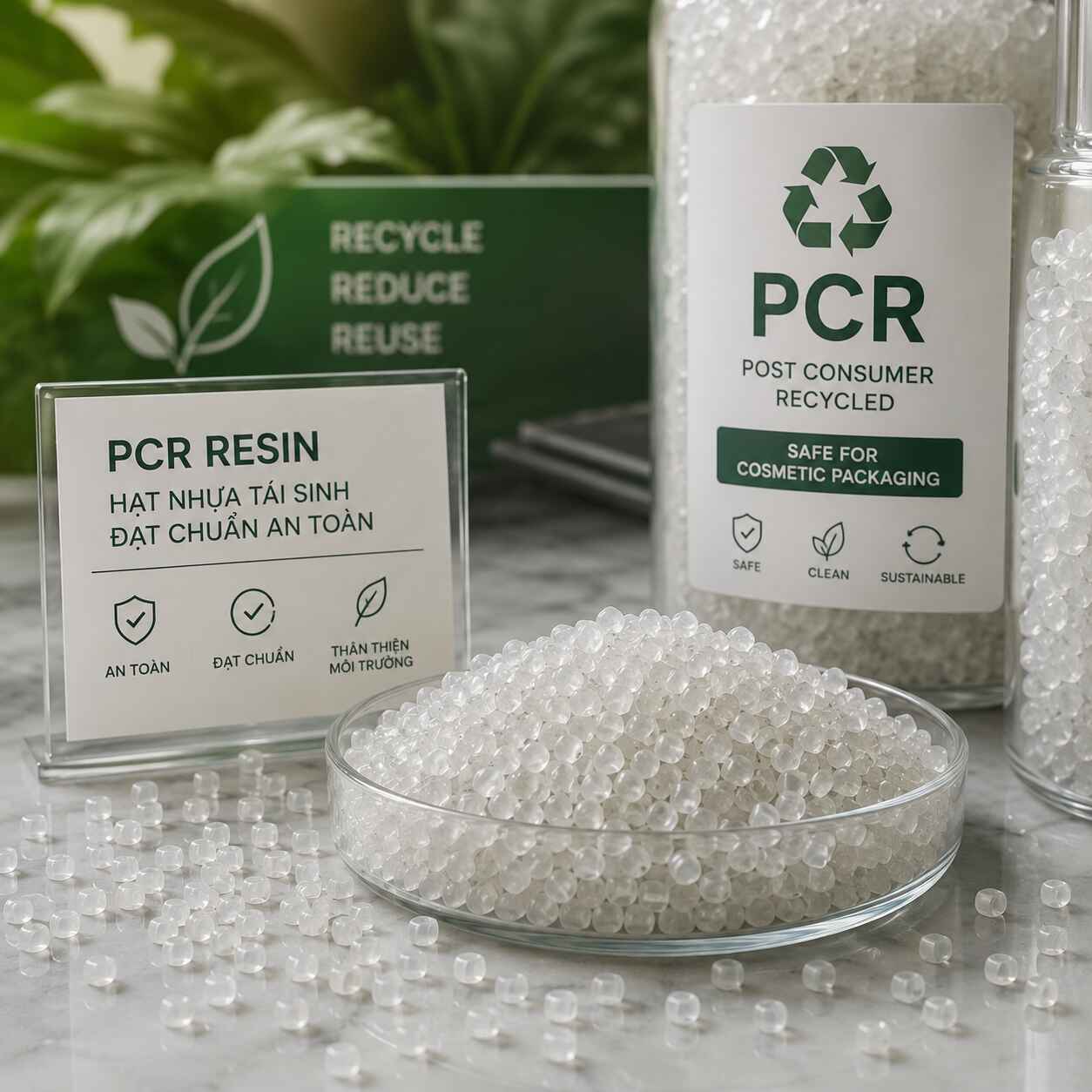 Hạt nhựa tái sinh PCR đạt chuẩn an toàn cho bao bì mỹ phẩm