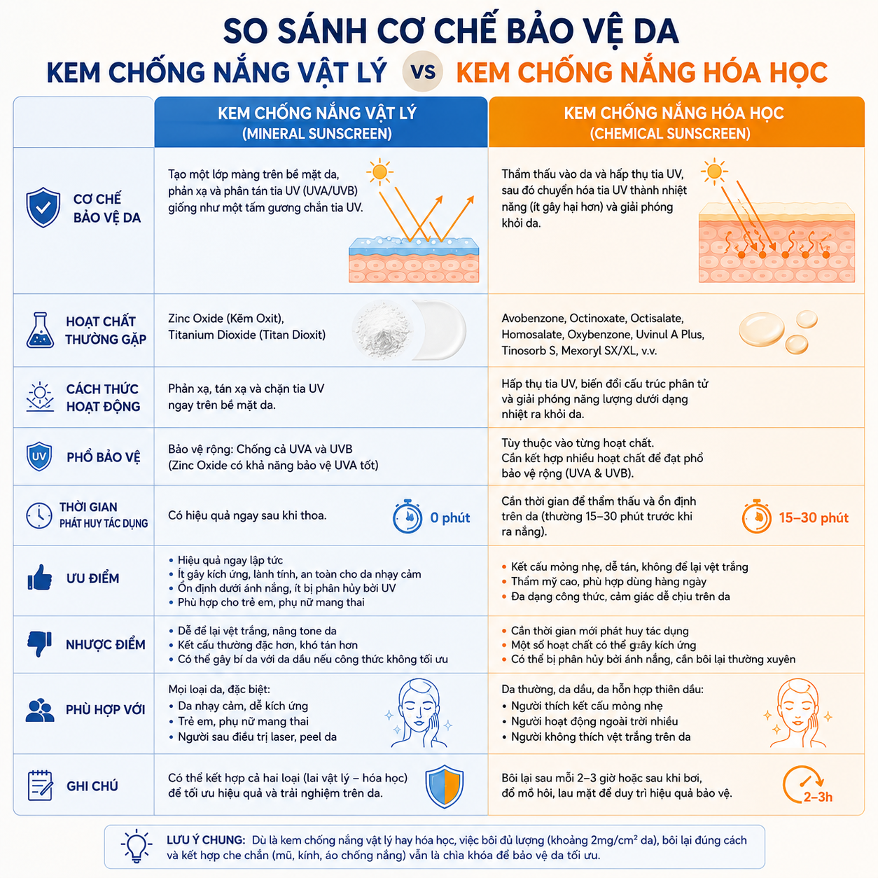 Bảng so sánh chi tiết cơ chế bảo vệ da của kem chống nắng vật lý và hóa học