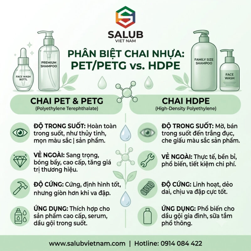 Sự khác nhau giữa chai PET và PETG so với HDPE trong sản phẩm dầu gội, sữa rửa mặt