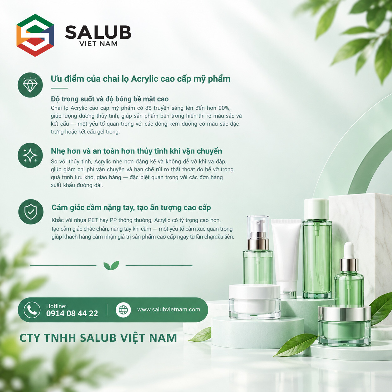 Ưu điểm chai lọ Acrylic cao cấp mỹ phẩm so với thủy tinh và nhựa thường